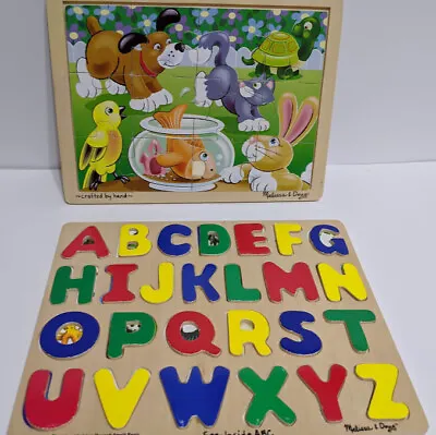 Lot Of 2 Melissa & Doug Wooden Puzzles Letters & Pets Puppy Kitten Rabbit Fish  • $14.98