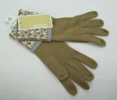 Michael Kors Acrylic Gloves Tan White Gray W/Fold-over Logo Cuffs One Size • $15.35