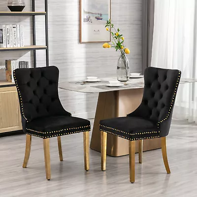 Set Of 2 Velvet Upholstered Kitchen Dining Chairs W/ Gold Stainless Steel Legs • $219.99