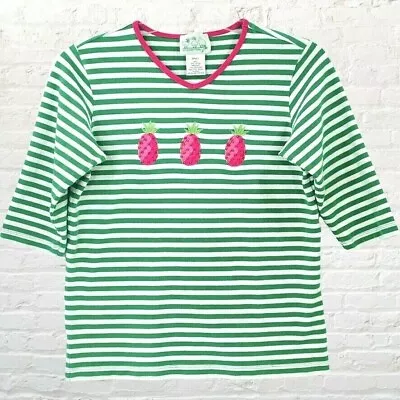 Quacker Factory Embroidery Top Size S Stripe V-Neck Pink Pineapple • $11.97