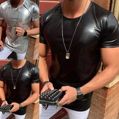Mens Slim Fit Latex Leather T-shirt Sports Muscle Blouse Top Stage Clubwear Tees • £17.74