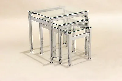 £119.99 • Buy Clear Glass Nest Of Tables Chrome Three Piece Lamp Side End Coffee Table Set