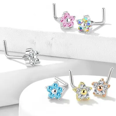 CZ Flower Top 316L Surgical Steel L Bend Nose Studs Rings 20G • $8.75