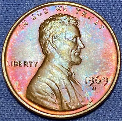 1969-D Lincoln Memorial Penny Beautiful Lustrous Rainbow Toned Coin W/Error #3 • $1.69