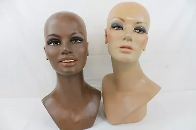 2 Vintage Fiberglass Mannequin Bust Head Wig Painted Eyes Smile Black Girl • $119.99