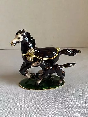 Horse And Colt Jeweled Gold Colored Hinged Trinket Box ~ Enamel Finish Heavy • $19.99