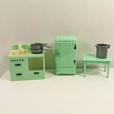 Vtg 1960s Doll House Furniture Kitchen Plastic Stove Refrigerator Table Pots Pan • $27