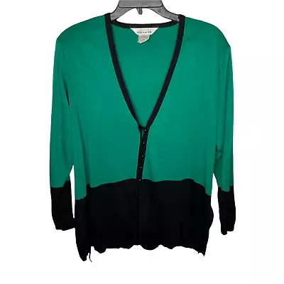 Exclusively Misook Cardigan Sweater Large Green Black Colorblock Button Front L  • $17.49