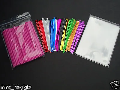 50 X 4.5  CAKE POP KIT PINK LOLLIPOP STICKS 3.5 X 5  CELLO BAGS & METALLIC  TIES • £4.99