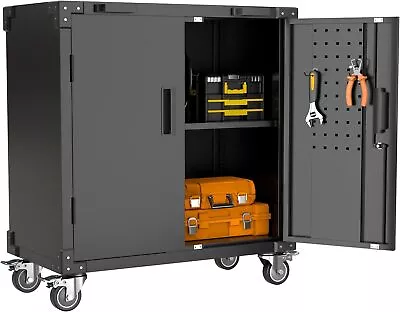 Lockable Steel Storage Cabinet With 1 Adjustable Shelves & Wheels & 2 Pegboards • $155.99