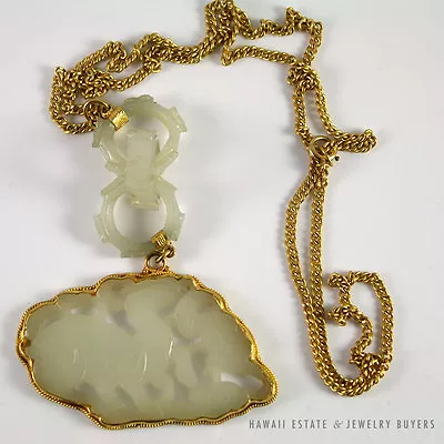 Important 19c White Mutton Fat Jade Pendant & Devil's Work 14k Gold Necklace • $3250