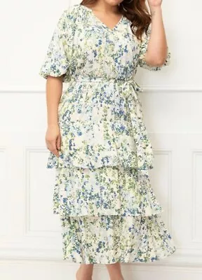 ELOQUII Women's Plus 20 Dress Midi Floral Tiered Cream Blue Green Tie Belt NEW • $32.97