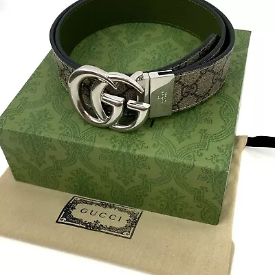 Gucci GG Monogram Marmont Reversible Belt Silver Logo Ebony Canvas 90  36  • $350