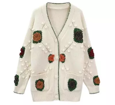 Flowers Sweaters Loose Cardigan Coats Womens Fashion Retro V Neck Long Sleeve  • $169.85