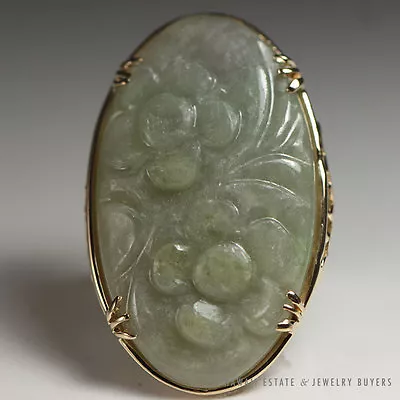 Ming's Hawaii Large Jade Carved Flower 14k Yellow Gold Ring (sz 6.5) • $1800