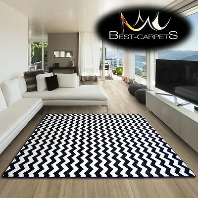 Amazing Thick Modern Rugs Sketch White Black F561 Zig-zag Large Size Bestcarpets • £29