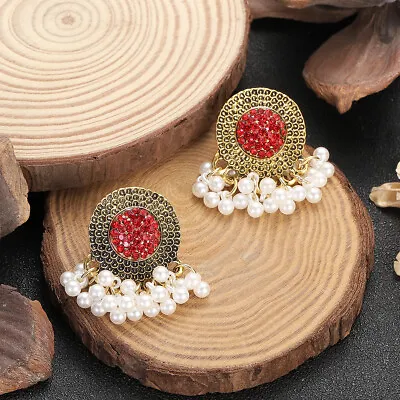 $2.96 • Buy Indian Jewelry Round Ethnic Red Jhumka Earrings For Women Beads Wedding Earrings