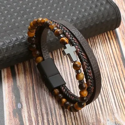 Men's Cross Leather Braided Bracelet Tiger's Eye Stone Bracelet Cuff Bangle • $12.90