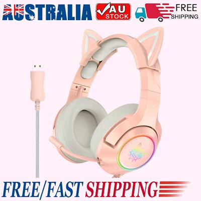 $38.26 • Buy 3.5mm Wired Gaming Headsets Cat Ear Headphones LED With Mic Lights Earphones AU