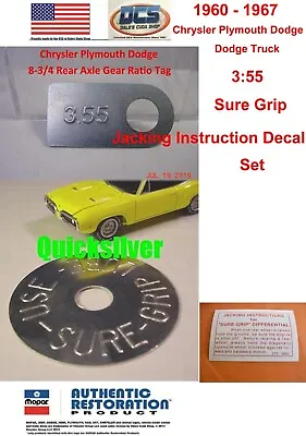1963 67 MoPar 8-3/4 Axle Sure Grip - 3.55 Gear Ratio Tags - Decal Set New USA • $19.99