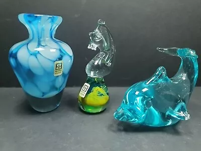 3x Glass Paperweights Vase Animal Figurines Dolphin Mdina • £22