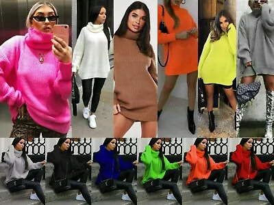 £13.99 • Buy Women Chunky Knitted Baggy Ladies Oversized Jumper High Polo Roll Neck Top Dress