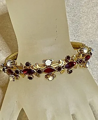 Vintage Signed Florenza Gold Tone Dark Red Rhinestone Hinged Bangle Bracelet • $39.99