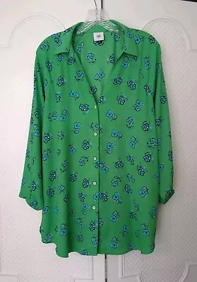 Cabi Green Blue Flower Button Front Go To Button Up Blouse Size L Floral Top • $29.90