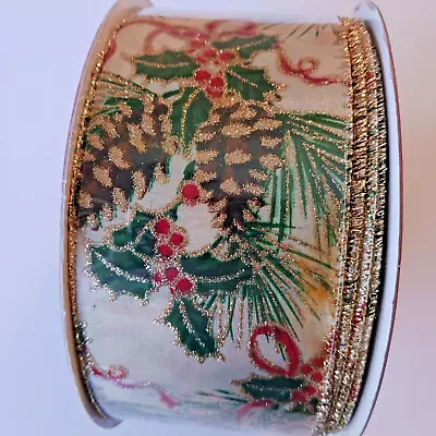 NEW Wire-Edged Christmas Ribbon/Pinecones/Glitter/Cream Satin/gold Edge 50 Yds • $24.99