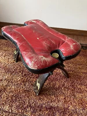 VINTAGE Egyptian Camel Saddle Foot Stool Red Leather Wood Brass Caps & Studs • $120