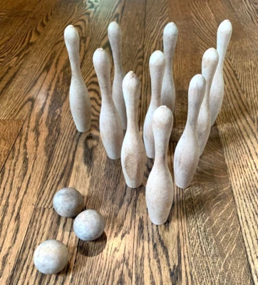 $35 • Buy Wood Skittle Ball Duck Pins Bowling Game Wooden  10 Pins 3 Balls Antique Table