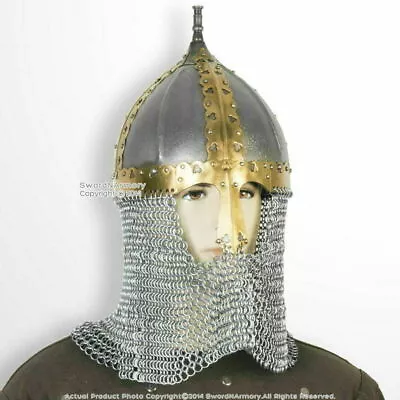 Medieval Russian Boyar Helmet 16G Steel With Chainmail Camail SCA WMA GJERMUNDBU • £86