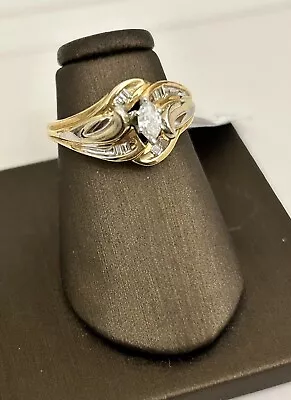 14K Gold Marquise Cut Diamond Ring W/ White Gold And Baguettes Setting Size 7.5 • £699.72