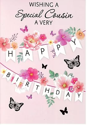 Special Cousin Female Birthday Greeting Card 7 X5  Flowers And Bunting • £1.89