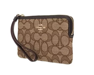 NEW Coach F58033 Corner Zip Wristlet In Signature Canvas Khaki/Brown (MSRP $65) • $32.85