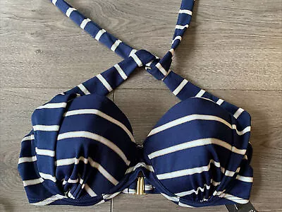 BNWT Women’s Navy Stripe Underwired Bandeau Halter-neck  Bikini Top UK Size 38B • £4.99