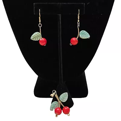 Vintage Cherry Earrings And Pendant Set Plastic Stone Red Green  • $39.99