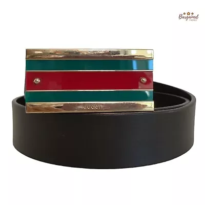 Authentic Gucci Brown Leather Gold-Edged Iconic Red/Green Web Buckle Belt 85/34 • $350