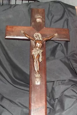 Antique 19th C. Wall Crucifix Metal Jesus Figurine Walnut Wood Cross 17  Tall • £24.99