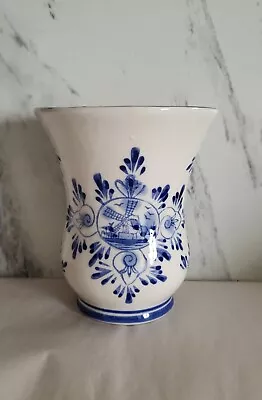 Vintage Hand Painted Windmill Vase Blue And White Delft-Styled Cute Decor • $13