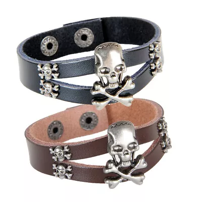 Men Skeleton Skull Head Leather Bracelet Punk Goth Valentine's Cuff Wristband US • $6.78