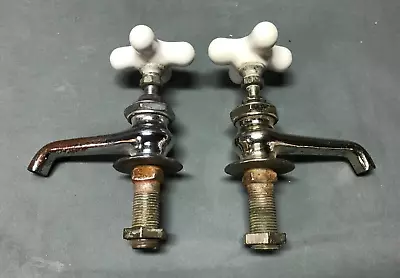 Antique Pair Nickel Chrome Brass Sink Faucets Porcelain VTG Old Parts 343-24B • $89