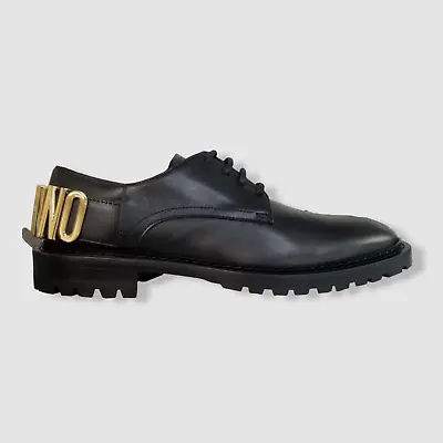 $631 Moschino Men's Black Leather Lug-Sole Logo Oxford Dress Shoes Size 43 • $201.98