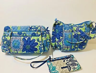 Set Of 3 Vera Bradley Purse Blue/Green Floral Matching  Retired Doodle Daisy • $22.50