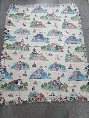 Lighthouse Throw Blanket Nautical Sail Boats Farms Sea 44 X 52” Multicolored VTG • £19.03