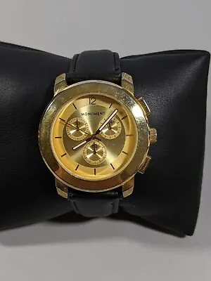 Monument Gold Tone Dial Round Case 40 Mm Black Leather Band Watch 9 Inch • $24.49