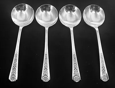 1950 DELIGHT MERIDEN INTERNATIONAL SET Of 4 ROUND SOUP SPOONS BOUILLON FLORAL • $23.15