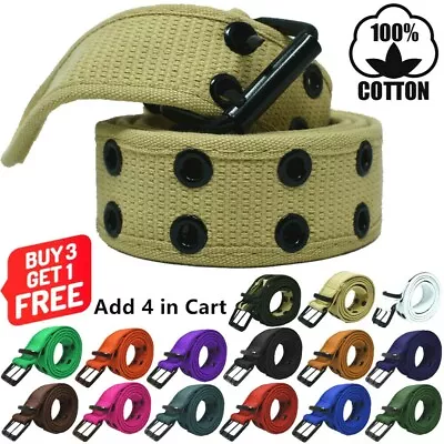 Unisex Mens 100% Cotton Canvas Belt Double Grommet Hole Adjustable Buckle Jean • $7.99