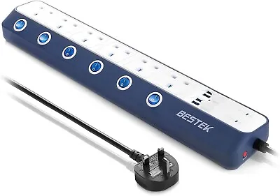 BESTEK Surge Protection Extension Lead 1.8M 6 Way Individual Switch Power Strip • £38.99