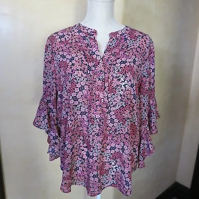 Vince Camuto Pink Floral Ruffle Sleeve Henley Top Size M • $22